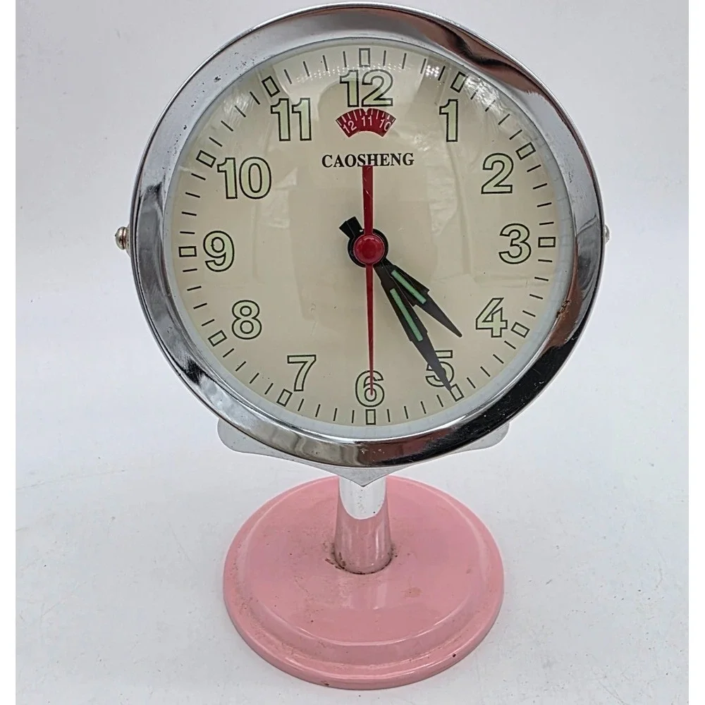 Vintage Retro Caosheng Chrome Pink Desktop Alarm Clock Base Pedestal Working